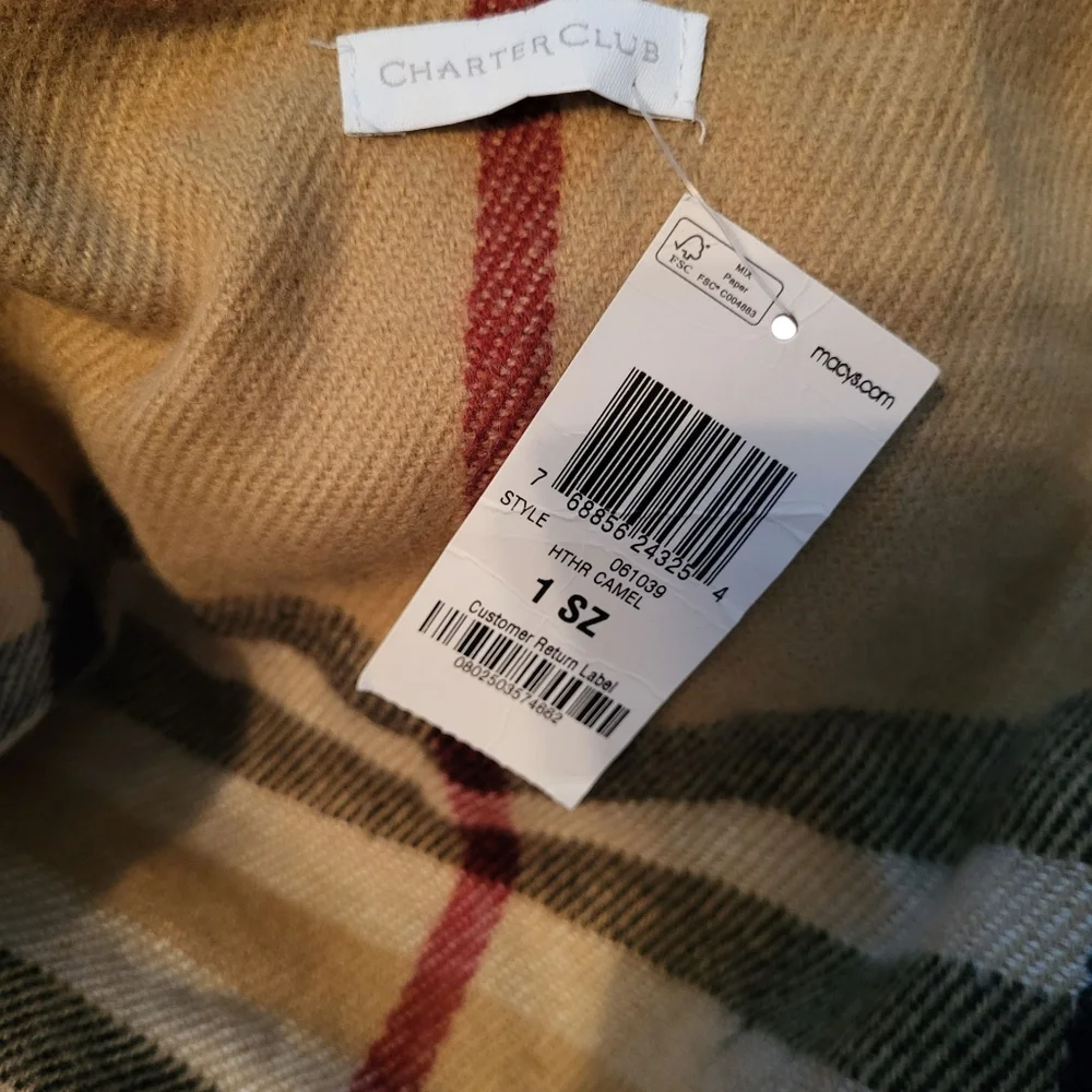 🩷 3/$15 Charter Club Camel Plaid Shawl, One Size, NWT - Picture 3 of 6